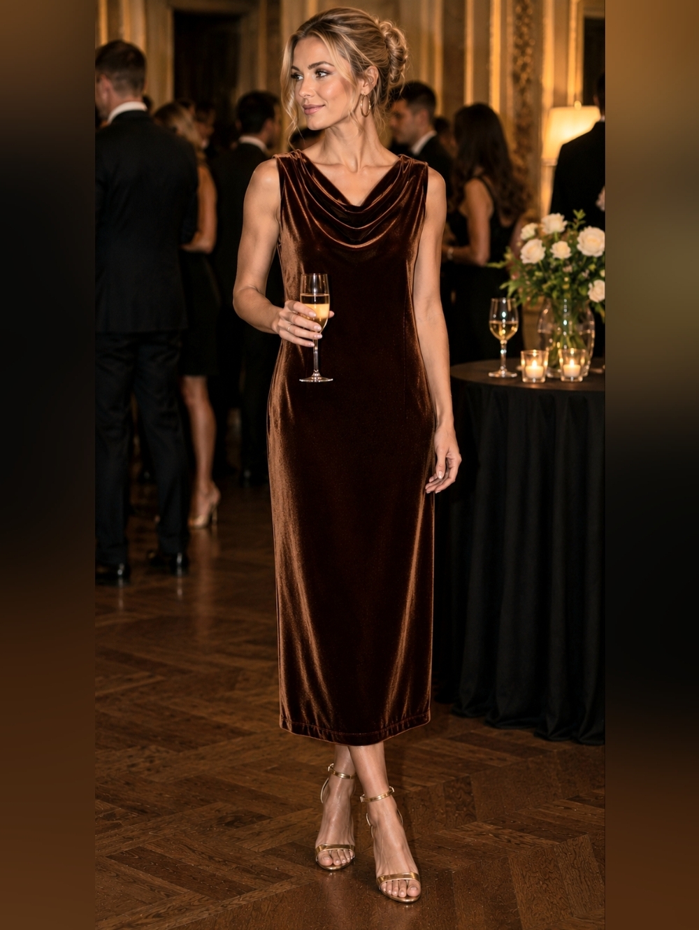 Alex Evenings Golden Brown Velvet Cowl Neck Midi Dress Stretch Regency Glam